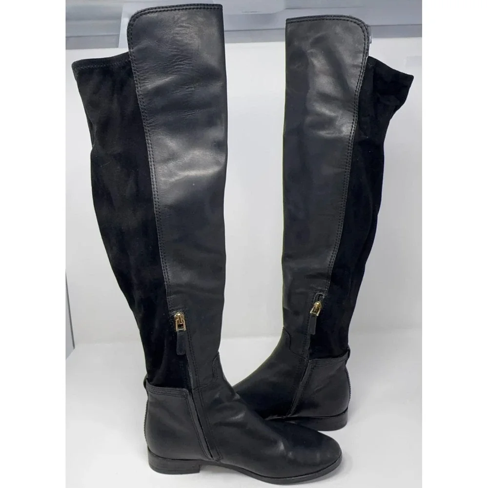 Tory Burch Willa Riding Boots Women's‎ Size 7 Over The Knee Black Leather Suede